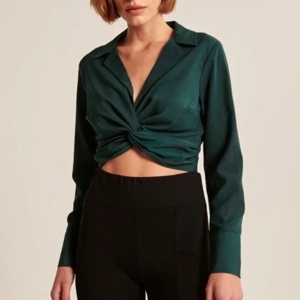 Abercrombie & Fitch Long-Sleeve Twisted-Front Cropped Blouse Top Green Womens XL